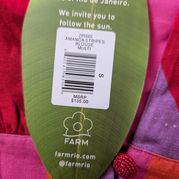 Farm Rio Mixed Geometric Print Puff Sleeve Crop Top NWT Linen Blend - Picture 3 of 10